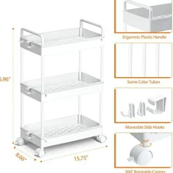 3 Tier Classic Storage Rolling Cart Slim Storage Cart with Wheels Slide Out Storage Rolling Cart Organizer Plastic for Bathroom Laundry, White