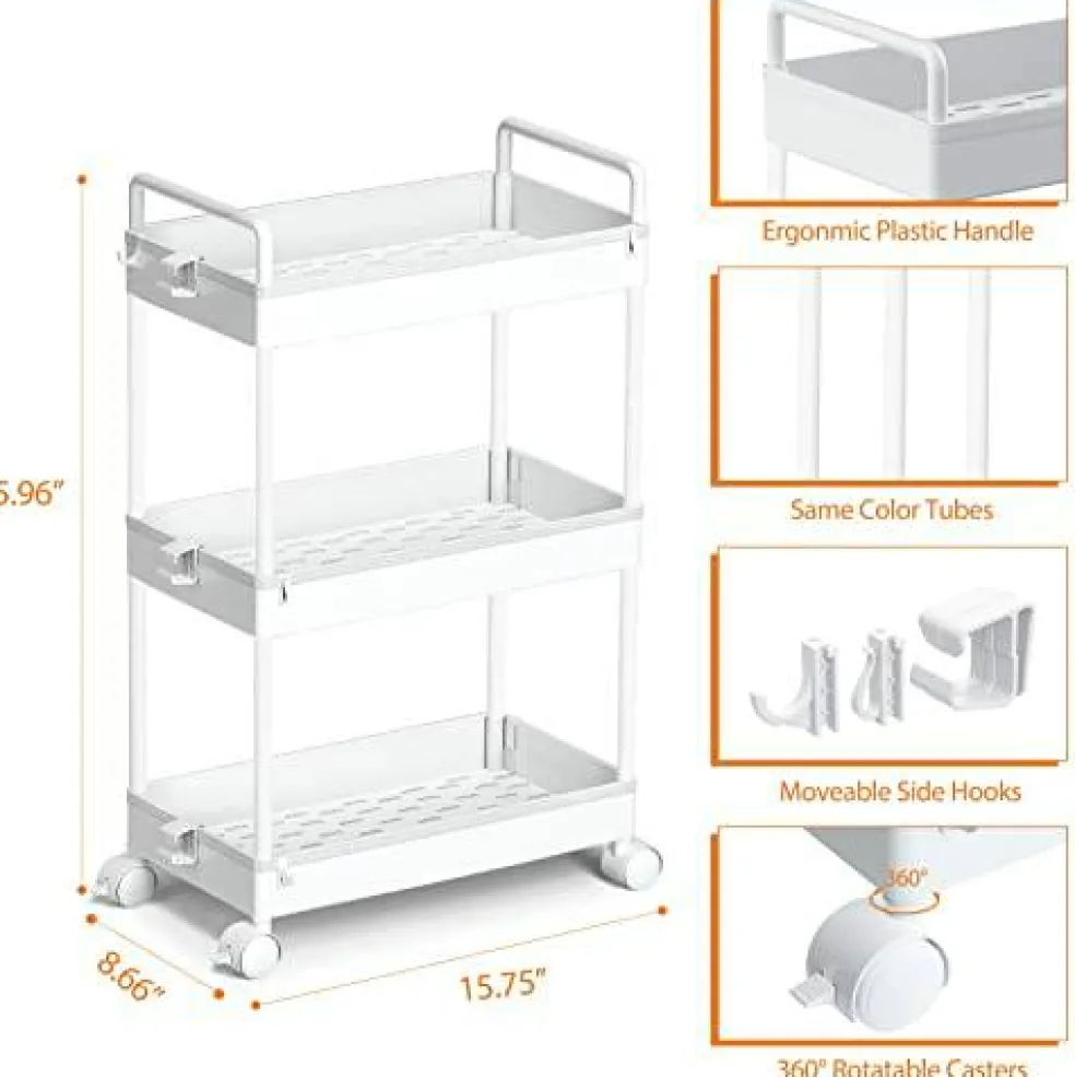 3 Tier Classic Storage Rolling Cart Slim Storage Cart with Wheels Slide Out Storage Rolling Cart Organizer Plastic for Bathroom Laundry, White