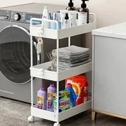 3 Tier Classic Storage Rolling Cart Slim Storage Cart with Wheels Slide Out Storage Rolling Cart Organizer Plastic for Bathroom Laundry, White