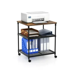 3-Tier Coffee Wooden Rolling Printer Cart with Lockable Wheels and Adjustable Storage Shelves