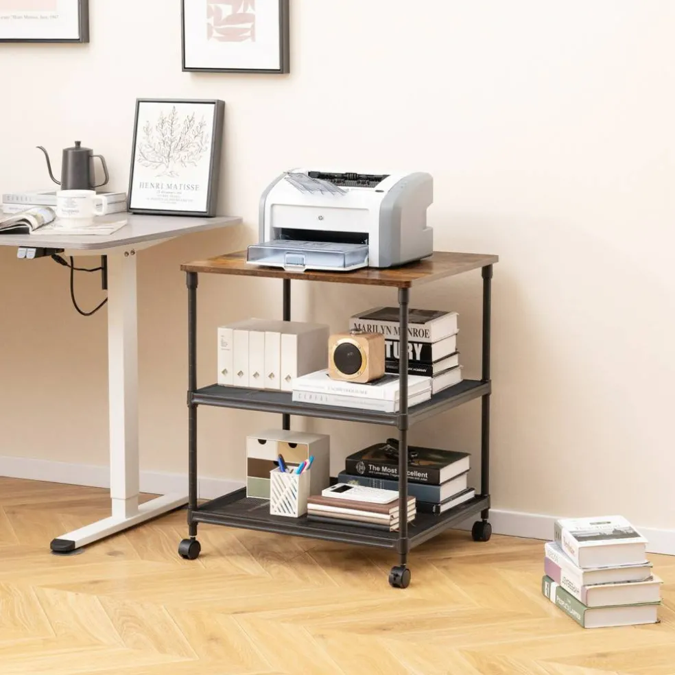 3-Tier Coffee Wooden Rolling Printer Cart with Lockable Wheels and Adjustable Storage Shelves