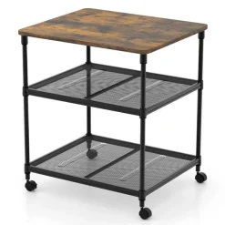 3-Tier Coffee Wooden Rolling Printer Cart with Lockable Wheels and Adjustable Storage Shelves