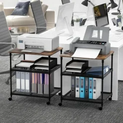 3-Tier Coffee Wooden Rolling Printer Cart with Lockable Wheels and Adjustable Storage Shelves
