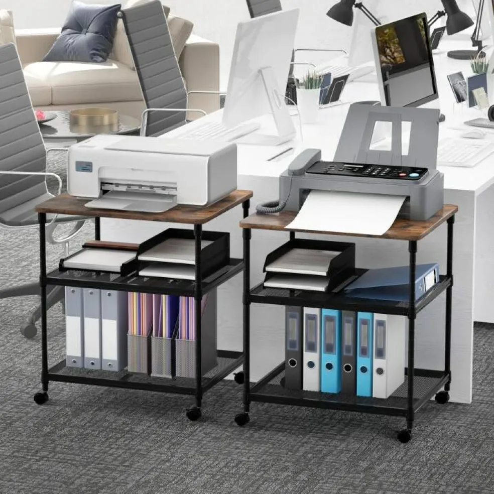 3-Tier Coffee Wooden Rolling Printer Cart with Lockable Wheels and Adjustable Storage Shelves