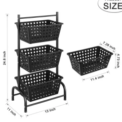 3 Tier Kitchen Storage Cart, Floor Standing Vegetable Fruit Organizer Shelf with Detachable Baskets