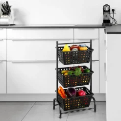3 Tier Kitchen Storage Cart, Floor Standing Vegetable Fruit Organizer Shelf with Detachable Baskets