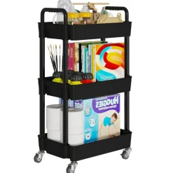 3-Tier Kitchen Storage Cart,Multifunction Utility Rolling Storage Organizer,Mobile Shelving Unit Cart with Lockable Wheels for Bathroom,Laundry,Living Room,With Classified Stickers,Black