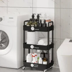3-Tier Kitchen Storage Cart,Multifunction Utility Rolling Storage Organizer,Mobile Shelving Unit Cart with Lockable Wheels for Bathroom,Laundry,Living Room,With Classified Stickers,Black
