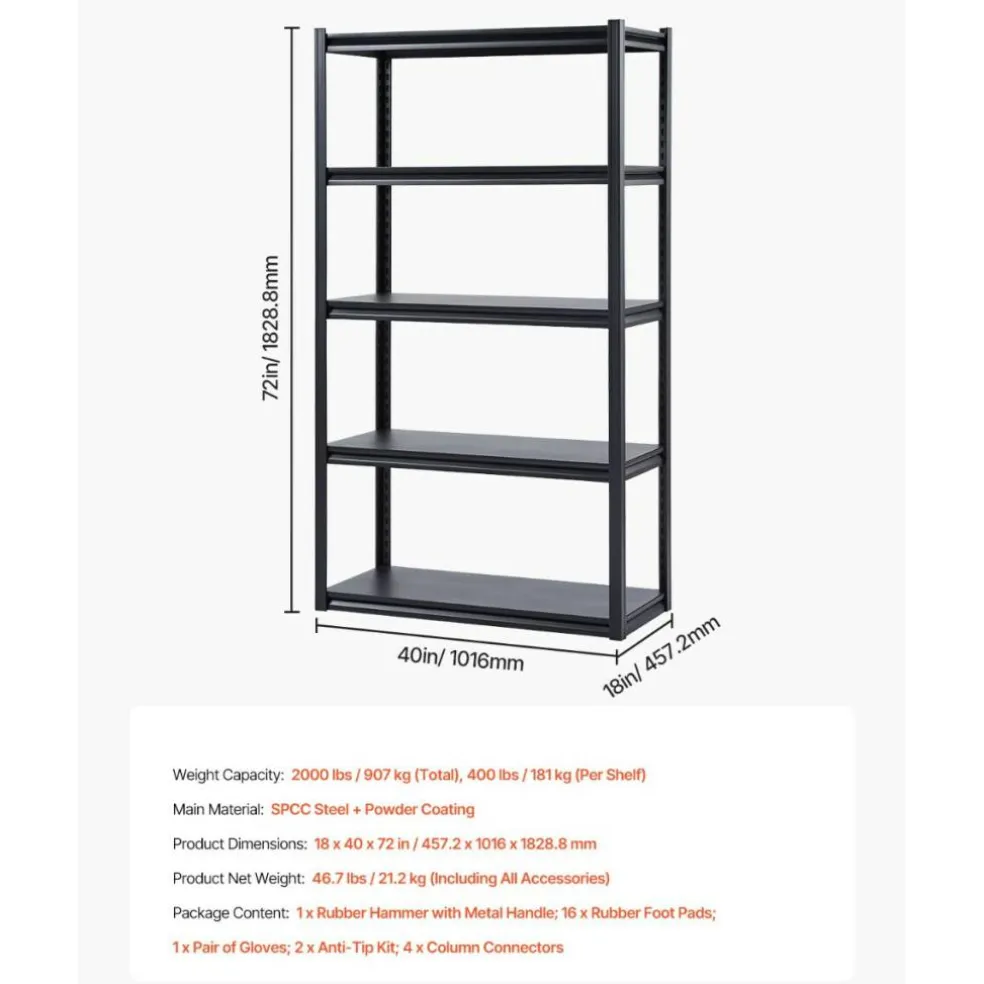 5-Tier Metal Storage Shelves 2000 lbs Garage Utility Rack Adjustable Kitchen Warehouse