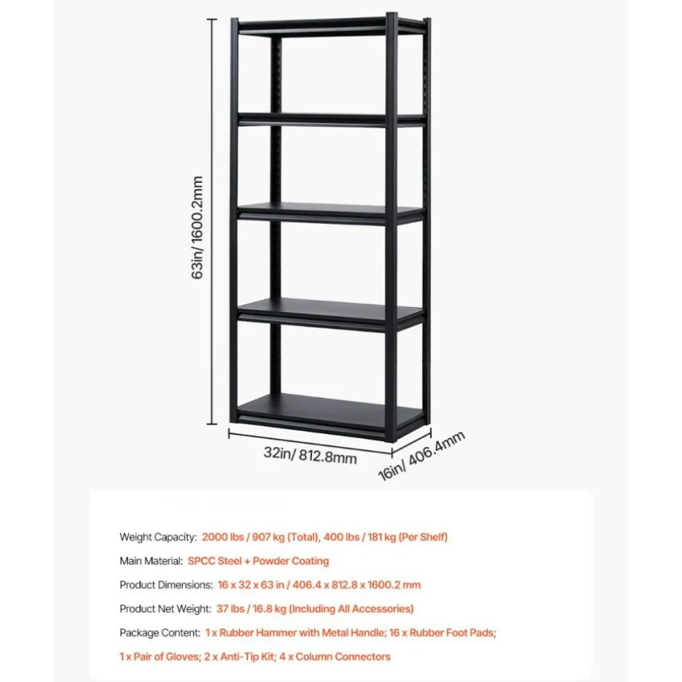5-Tier Metal Storage Shelves 2000 lbs Garage Utility Rack Adjustable Kitchen Warehouse