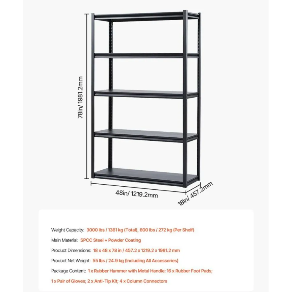 5-Tier Metal Storage Shelves 2000 lbs Garage Utility Rack Adjustable Kitchen Warehouse