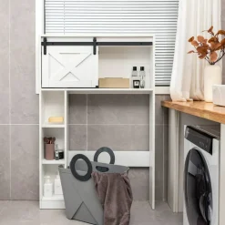 4-Tier Over The Toilet Storage Cabinet with Sliding Barn Door and Storage Shelves