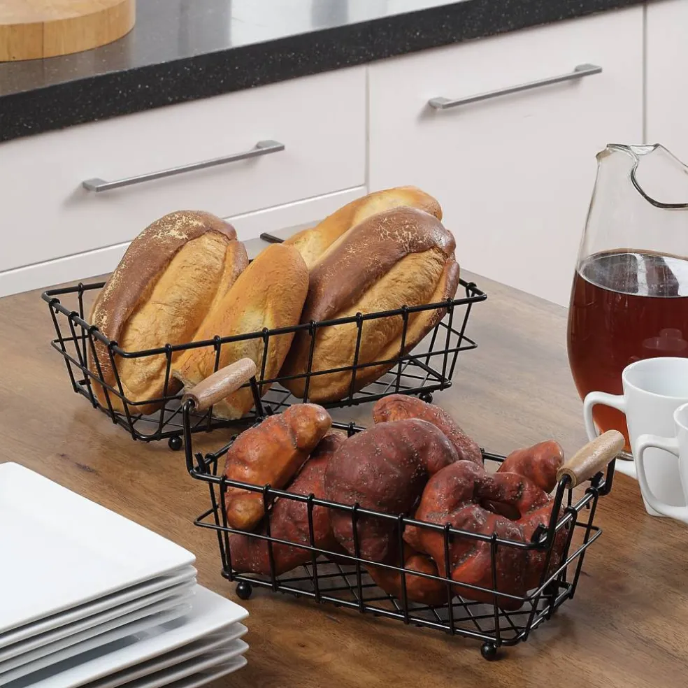 2-Tier Rectangle Countertop Fruit, Bread Wire Basket (Metal + Wood base)