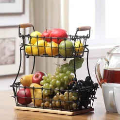 2-Tier Rectangle Countertop Fruit, Bread Wire Basket (Metal + Wood base)