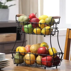 2-Tier Rectangle Countertop Fruit, Bread Wire Basket (Metal + Wood base)