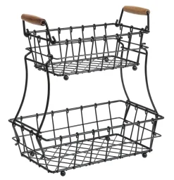 2-Tier Rectangle Countertop Fruit, Bread Wire Basket (Metal + Wood base)