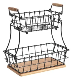 2-Tier Rectangle Countertop Fruit, Bread Wire Basket (Metal + Wood base)