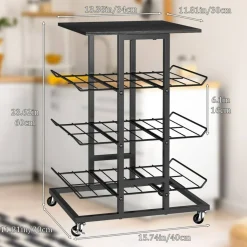 4-Tier Rolling Kitchen Storage Cart, Black Metal Wire Rack with Wheels & Tabletop