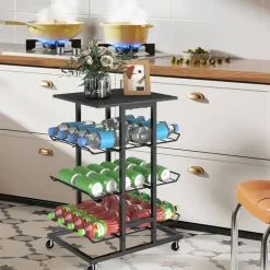 4-Tier Rolling Kitchen Storage Cart, Black Metal Wire Rack with Wheels & Tabletop