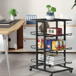 4-Tier Rolling Kitchen Storage Cart, Black Metal Wire Rack with Wheels & Tabletop
