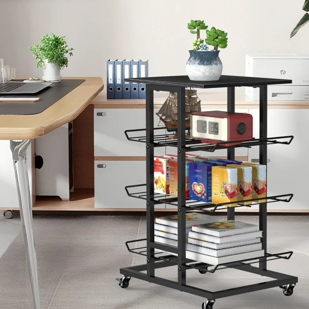 4-Tier Rolling Kitchen Storage Cart, Black Metal Wire Rack with Wheels & Tabletop