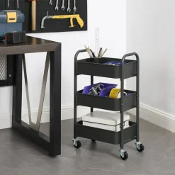 3-Tier Rolling Metal Storage Cart – Kitchen & Under Desk Organizer with Casters