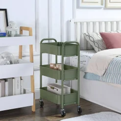 3-Tier Rolling Metal Storage Cart – Kitchen & Under Desk Organizer with Casters