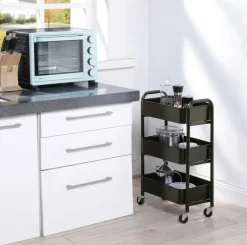 3-Tier Rolling Metal Storage Cart – Kitchen & Under Desk Organizer with Casters