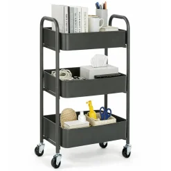 3-Tier Rolling Metal Storage Cart – Kitchen & Under Desk Organizer with Casters
