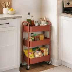 3-Tier Rolling Metal Storage Cart – Kitchen & Under Desk Organizer with Casters