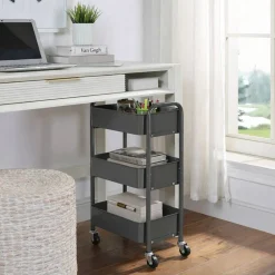 3-Tier Rolling Metal Storage Cart – Kitchen & Under Desk Organizer with Casters