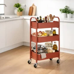 3-Tier Rolling Metal Storage Cart – Kitchen & Under Desk Organizer with Casters
