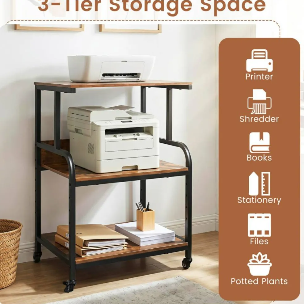 3-Tier Rolling Printer Stand with Adjustable Shelf, 21.5" Office Machine Cart with 4 Wheels, Metal Frame, Storage Rack for Printer, Paper & Office Supplies