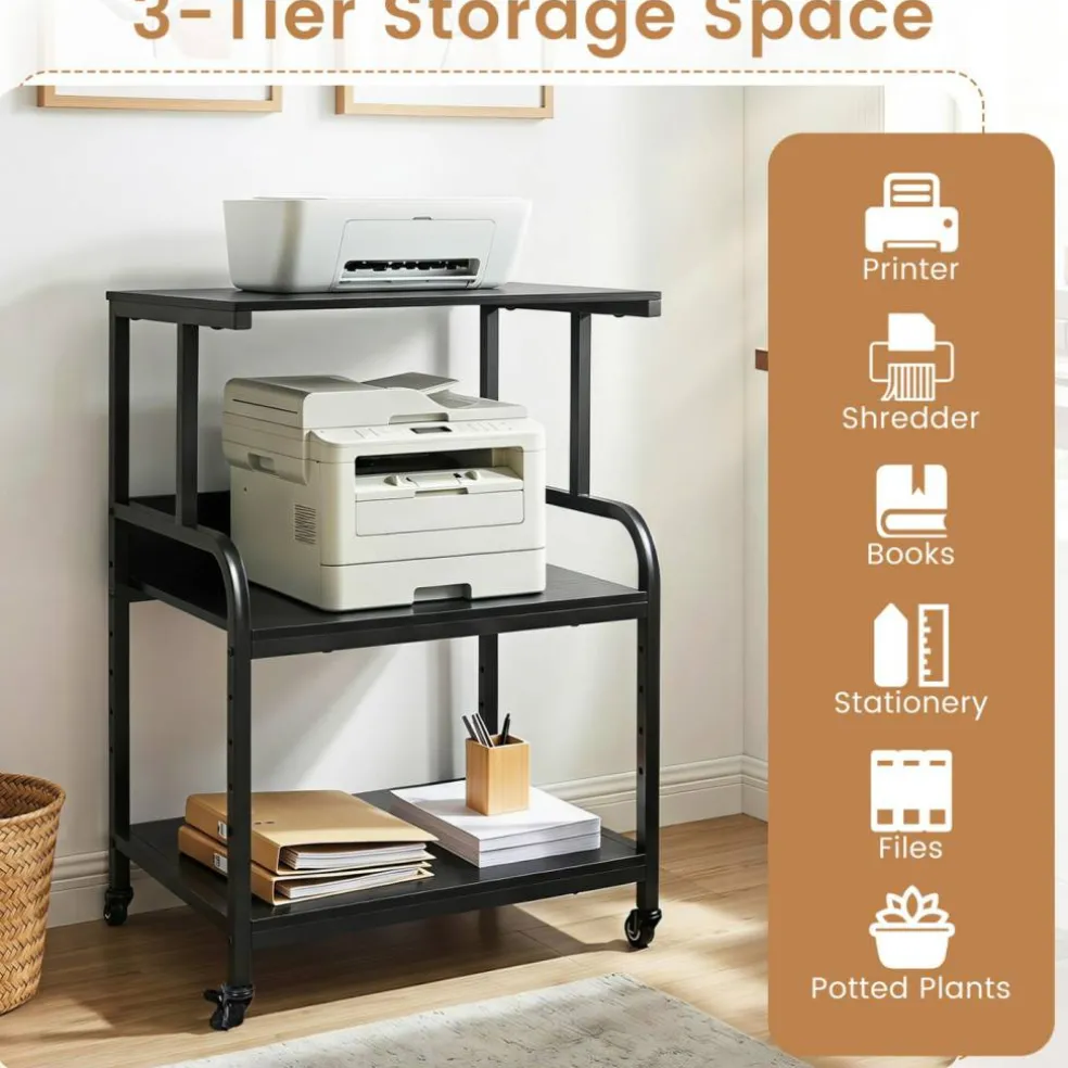 3-Tier Rolling Printer Stand with Adjustable Shelf, 21.5" Office Machine Cart with 4 Wheels, Metal Frame, Storage Rack for Printer, Paper & Office Supplies