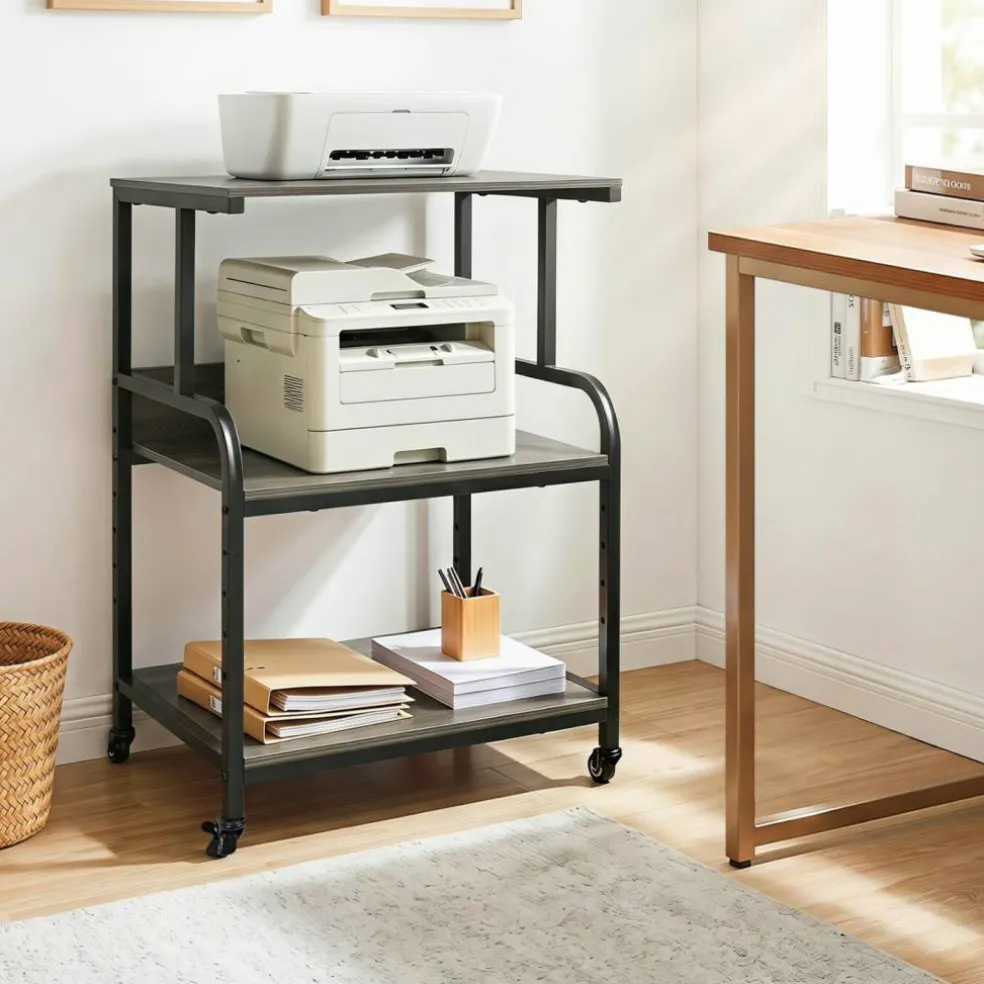 3-Tier Rolling Printer Stand with Adjustable Shelf, 21.5" Office Machine Cart with 4 Wheels, Metal Frame, Storage Rack for Printer, Paper & Office Supplies