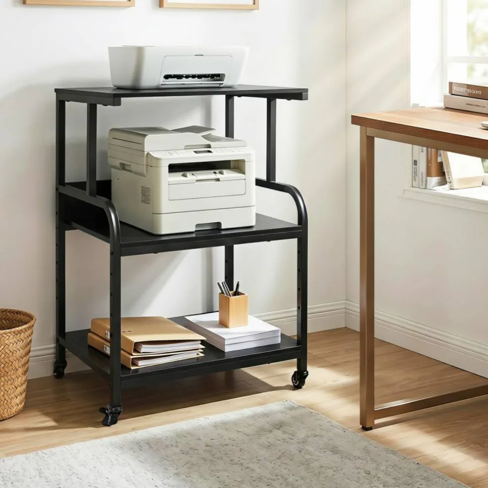 3-Tier Rolling Printer Stand with Adjustable Shelf, 21.5" Office Machine Cart with 4 Wheels, Metal Frame, Storage Rack for Printer, Paper & Office Supplies