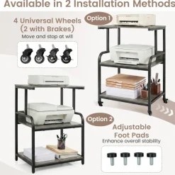 3-Tier Rolling Printer Stand with Adjustable Shelf, 21.5