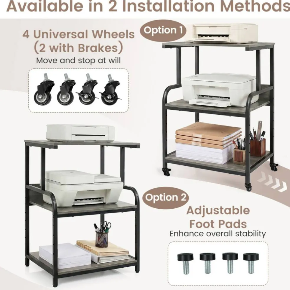 3-Tier Rolling Printer Stand with Adjustable Shelf, 21.5" Office Machine Cart with 4 Wheels, Metal Frame, Storage Rack for Printer, Paper & Office Supplies