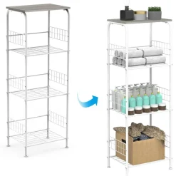4-Tier Rolling Storage Cart with Wood Top, White Metal Wire Shelving Unit