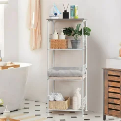 4-Tier Rolling Storage Cart with Wood Top, White Metal Wire Shelving Unit
