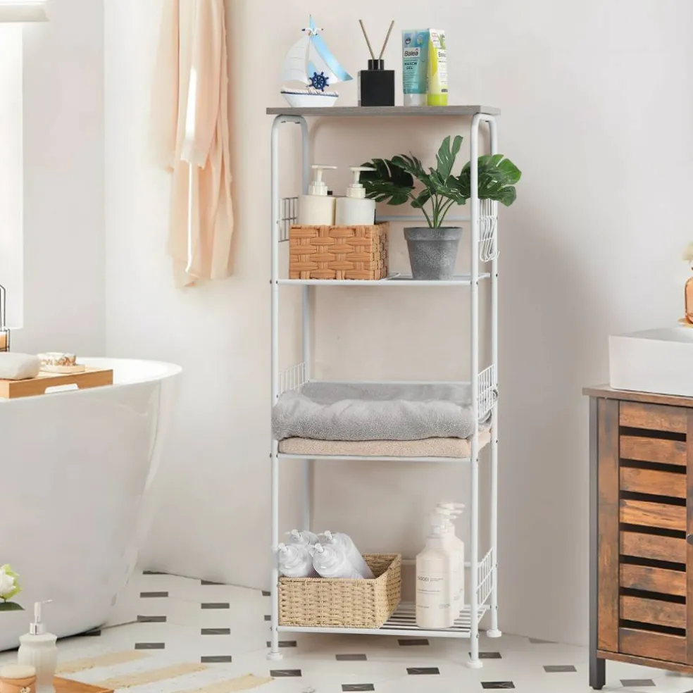 4-Tier Rolling Storage Cart with Wood Top, White Metal Wire Shelving Unit