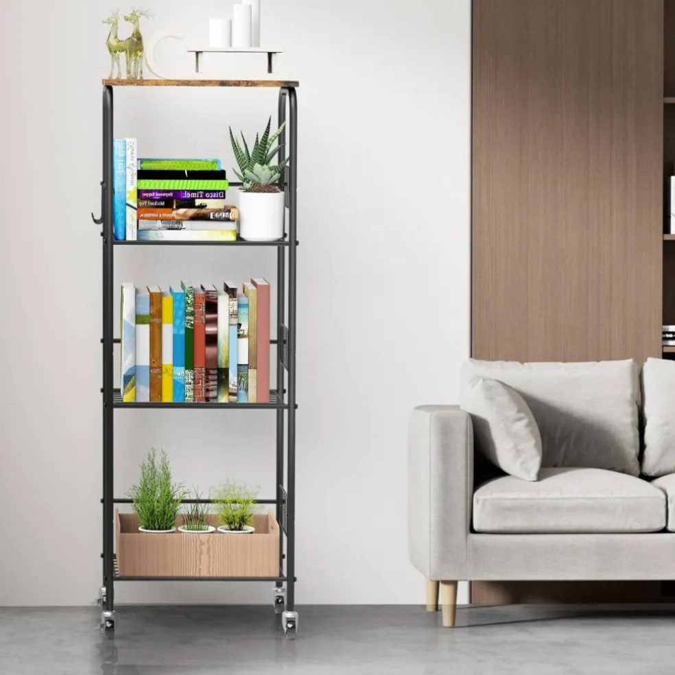 4-Tier Rolling Storage Cart with Wood Top, White Metal Wire Shelving Unit