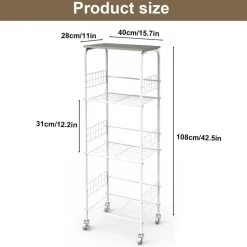 4-Tier Rolling Storage Cart with Wood Top, White Metal Wire Shelving Unit