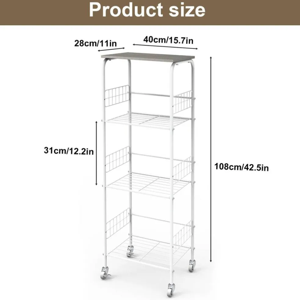 4-Tier Rolling Storage Cart with Wood Top, White Metal Wire Shelving Unit