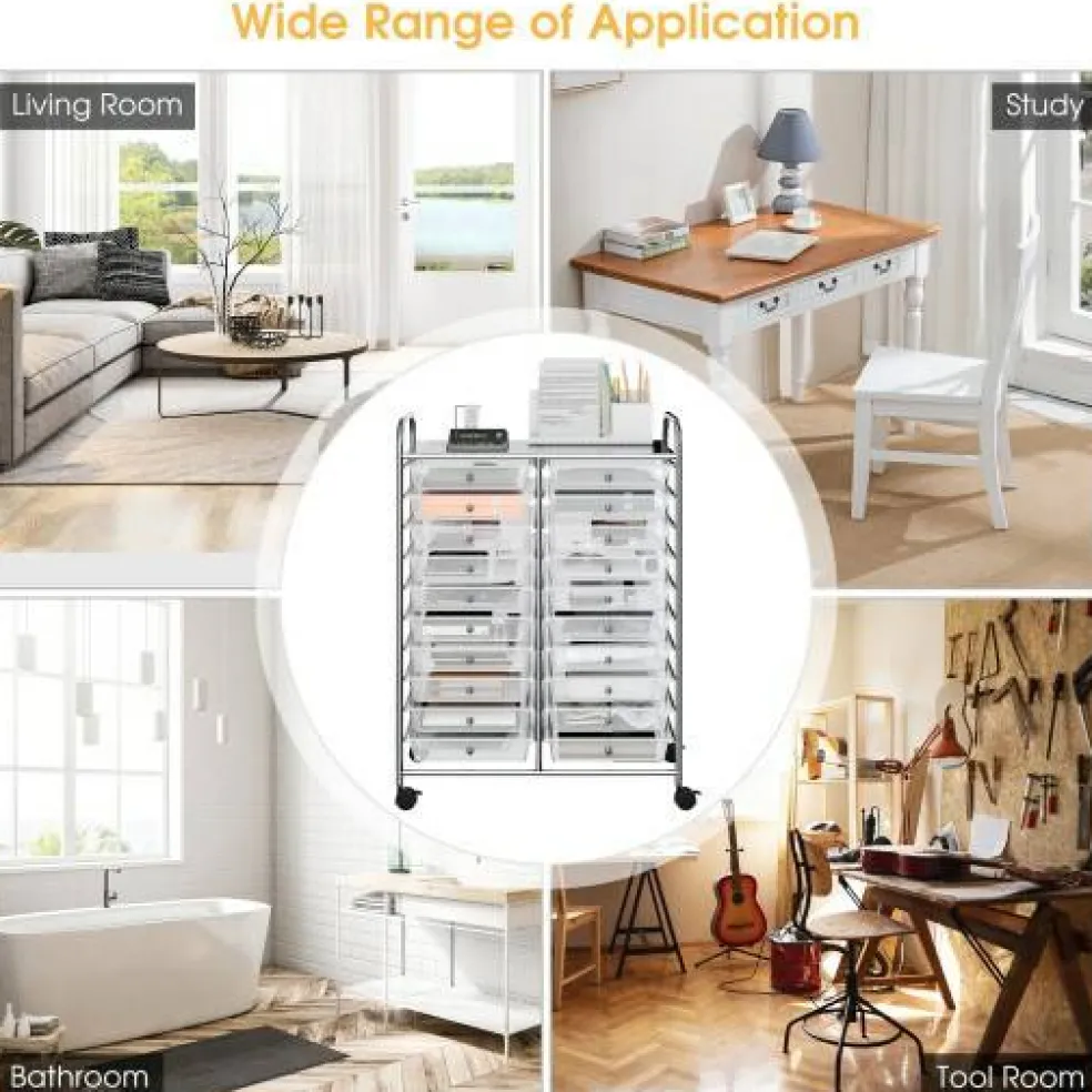 10-Tier Rolling Storage Cart with 20 Drawers, Mobile Organizer with Transparent Plastic Bins, Steel Frame, 4 Wheels