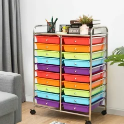 10-Tier Rolling Storage Cart with 20 Drawers, Mobile Organizer with Transparent Plastic Bins, Steel Frame, 4 Wheels