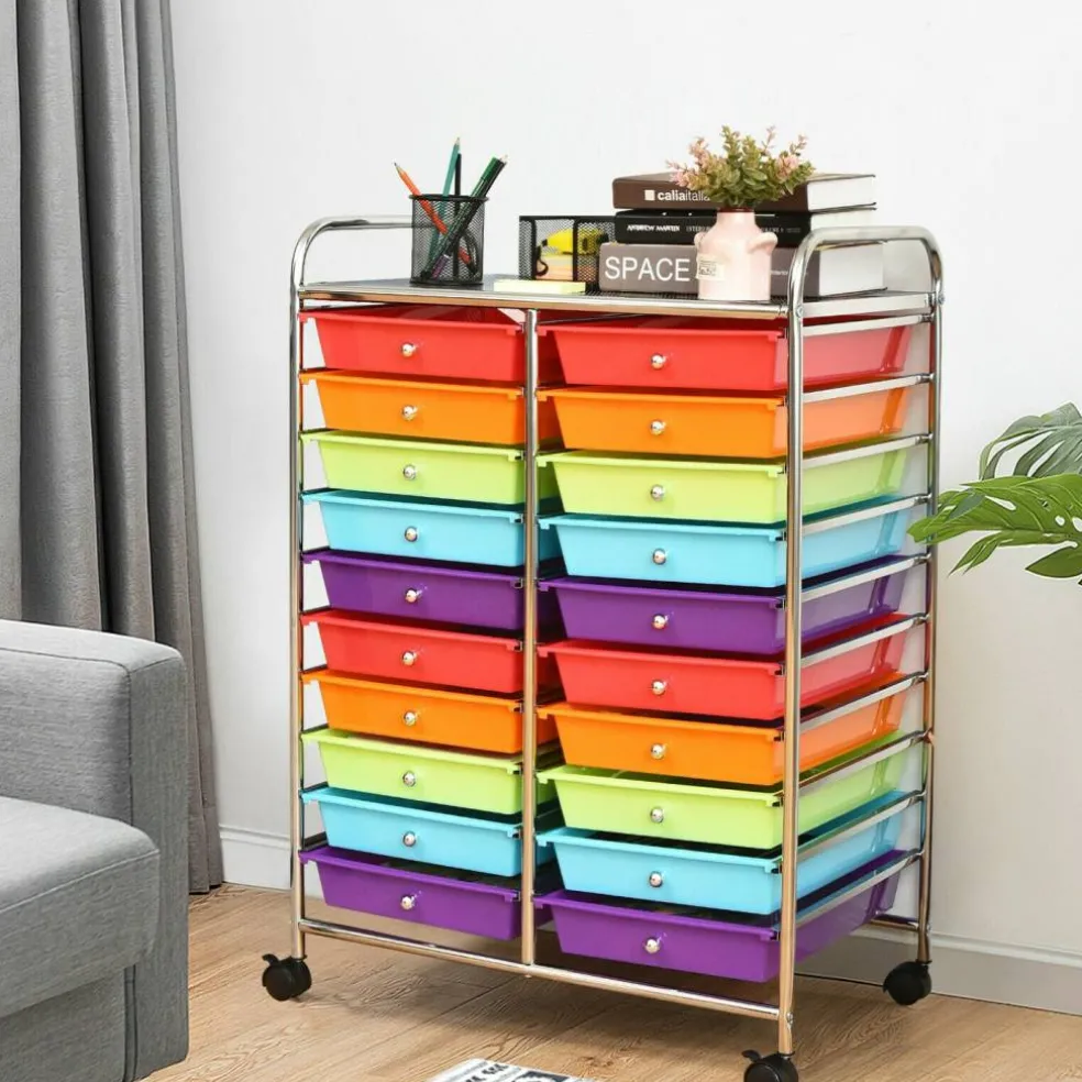 10-Tier Rolling Storage Cart with 20 Drawers, Mobile Organizer with Transparent Plastic Bins, Steel Frame, 4 Wheels
