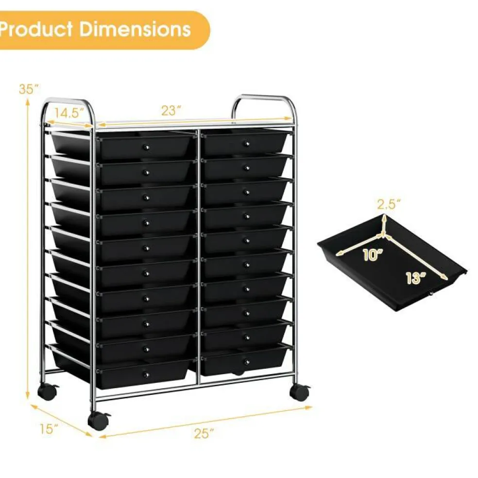 10-Tier Rolling Storage Cart with 20 Drawers, Mobile Organizer with Transparent Plastic Bins, Steel Frame, 4 Wheels