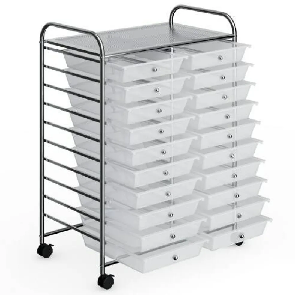 10-Tier Rolling Storage Cart with 20 Drawers, Mobile Organizer with Transparent Plastic Bins, Steel Frame, 4 Wheels