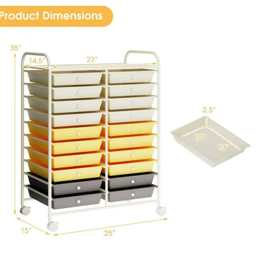 10-Tier Rolling Storage Cart with 20 Drawers, Mobile Organizer with Transparent Plastic Bins, Steel Frame, 4 Wheels
